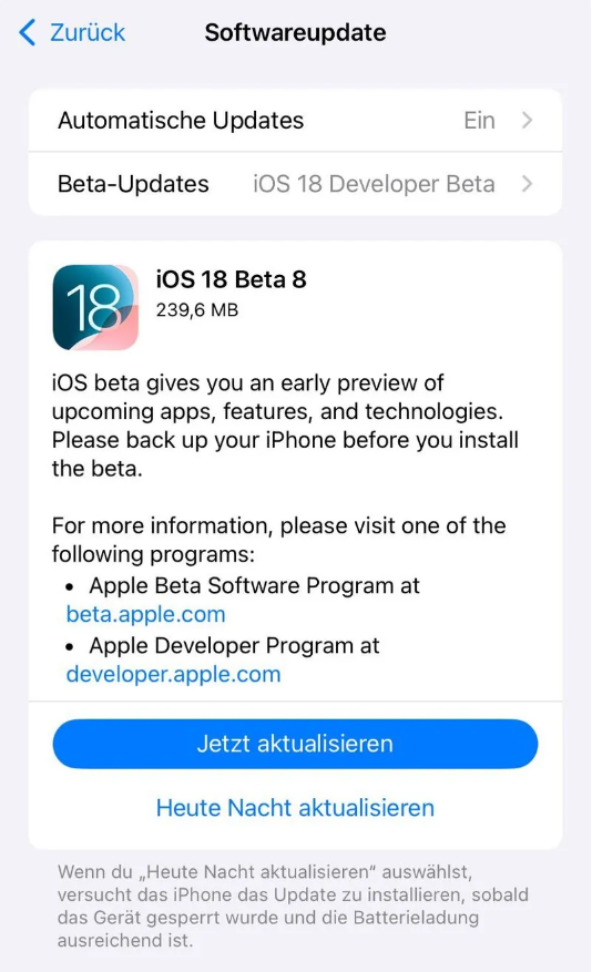 兴隆台苹果手机维修分享苹果 iOS / iPadOS 18 开发者预览版 Beta 8 发布 